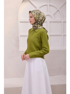 Belli Etnik Desen Ipek Eşarp 4222D (Twıll) Haki - 87