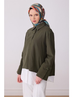 Belli Haki Çok Renkli Soyut Desen %100 Twill Ipek Eşarp 4318-81