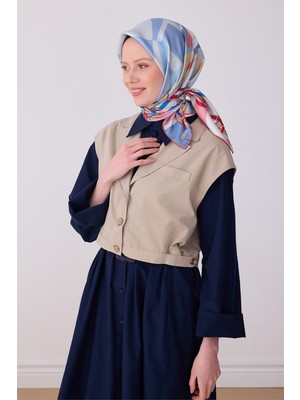 Belli Mavi Çok Renkli Obje Desen %100 Twill Ipek Eşarp 4300-35