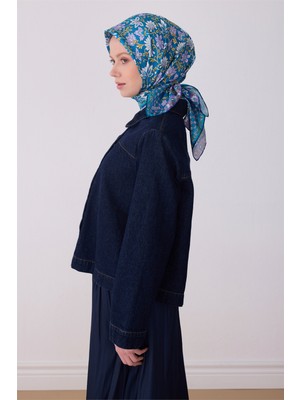 Belli Mavi Etnik Desen %100 Twill Ipek Eşarp 4314-52