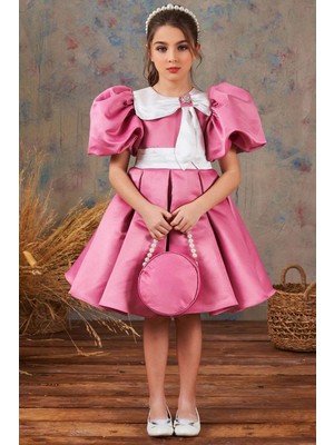 Riccotarz Kız Çocuk Bebe Yakalı Yakası Kurdela ve Beli Şerit Detaylı Balon Kollu Pileli Pudra Abiye