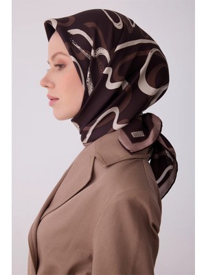 Belli Kahverengi Soyut Desen %100 Twill Ipek Eşarp 4309-38