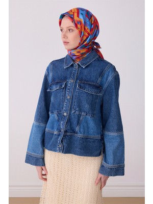 Belli Lacivert Çok Renkli Obje Desen %100 Twill Ipek Eşarp 4307-55