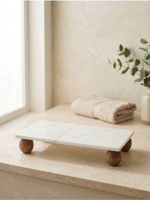 Faralya Home Modern Doğal Mermer ve Ahşap Ayaklı Yükseltici Sunum Standı - Banyo ve Parfüm Organizeri (15X30 Cm)