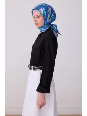 Belli Saks Çok Renkli Geometrik Desen %100 Twill Ipek Eşarp 4327-51