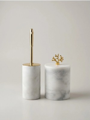 Faralya Home Doğal Mermer Çöp Kovası ve Klozet Fırçalığı 2'li Gold Mercan Takım