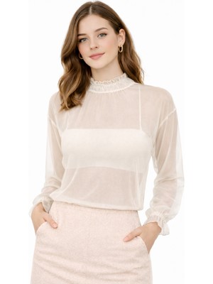 Shebara Transparan Şifon Bluz Gipe Detaylı