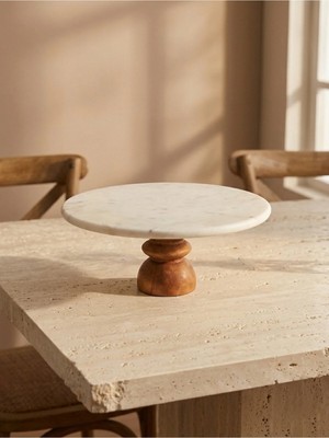 Faralya Home Doğal Beyaz Mermer Ahşap Chintika Ayaklı 25 cm Kek Standı Pasta Sunumluk Ayaklı Sunum Stant