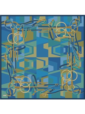 Belli Mavi Obje Desen %100 Twill Ipek Eşarp 4300-81