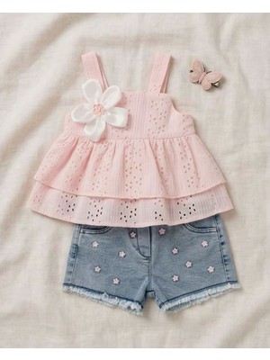 Eylo Bebe Çiçek Aplikeli Güpür Detaylı Kız Bebek Kot Şortlu 2'li Takım %100 Pamuk