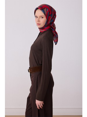 Belli Kırmızı Çok Renkli Geometrik Desen %100 Twill Ipek Eşarp 4327-85