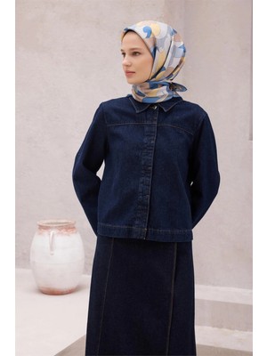 Belli İndigo Geometrik Desen %100 Twill İpek Eşarp 4213 - 58