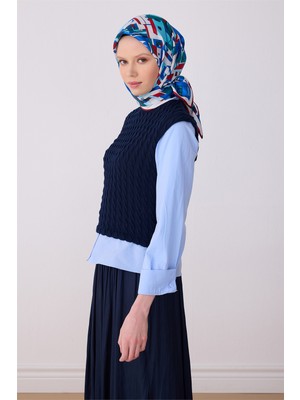 Belli Mavi Obje Desen %100 Twill Ipek Eşarp 4307-05