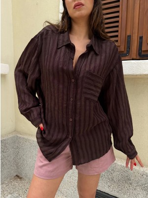 Minaaise Kadın Kahverengi Oversize Kendinden Desenli Premium Gömlek 31080