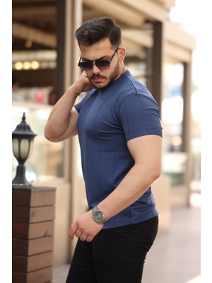 Kendim Fashion Erkek Ince Çizgi Dokulu Bisiklet Yaka Kısa Kollu T-Shirt