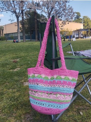 Yaso Shop Çizgili Renkli  El Örgüsü Hasır Kağıt Ip Sepet Çanta Pembe Plaj Çantası