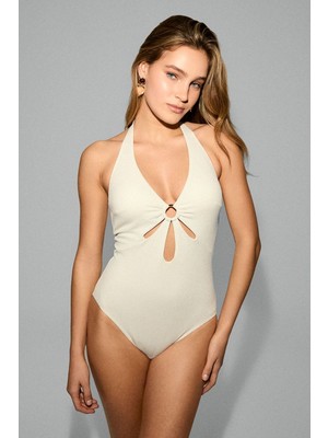 Kom Ina Simli Kumaşlı Aksesuar Detay Mayo Krem