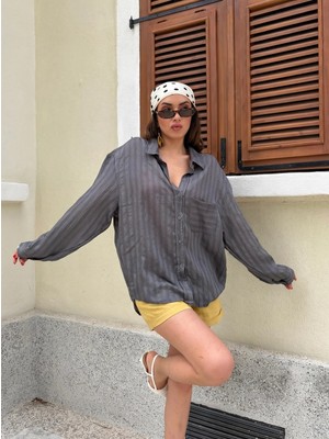 Minaaise Kadın Antrasit Oversize Kendinden Desenli Premium Gömlek 31080