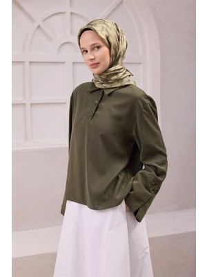 Belli Geometrik Desen Ipek Eşarp 4211D (Twıll) Haki - 53