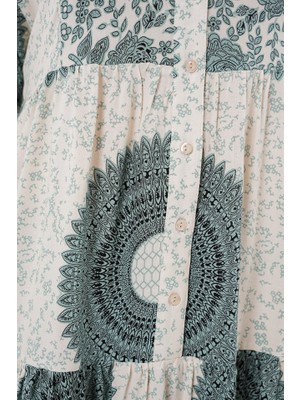 Kendim Fashion 2423 Otantik Desenli Tesettür Elbise - C. Çağla