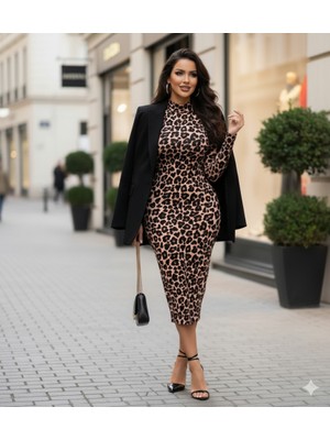 Kendim Fashion Kadın Uzun Kollu Balıkçı Yaka Leopar Desenli Midi Boy Elbise