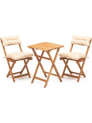Meya Dekor 2+1 Katlanır Minderli Ahşap Bistro Set - Natürel - 50X50 cm