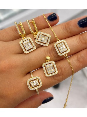 Yantra Silver Ithal Lüks 925 Ayar Gümüş Altın Kaplama Baget Taşlı 4’lü Takı Seti (Kolye Küpe Yüzük Bileklik)