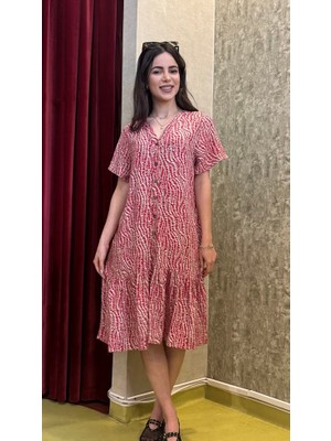 Leilaa V Yaka Düğmeli Pamuk Elbise