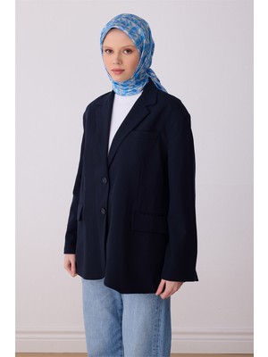 Belli Mavi Çok Renkli Obje Desen %100 Twill Ipek Eşarp 4322-33