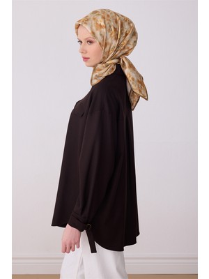 Belli Camel Çiçek Desen %100 Twill Ipek Eşarp 4319-06
