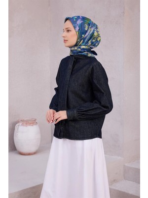 Belli Çiçek Desen Ipek Eşarp 4217D (Twıll) Lacivert - 80