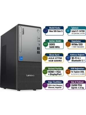 Lenovo Thinkcentre Neo 50T Gen 5 I7-14700 48GB 1tb SSD 4 GB GT730 Freedos Masaüstü Bilgisayar 12UD001UTR 027