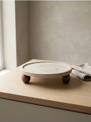 Faralya Home Doğal Traverten Ahşap Küre 40 mm Ayaklı Yuvarlak Dekoratif Sunumluk Tepsi 25X2 cm