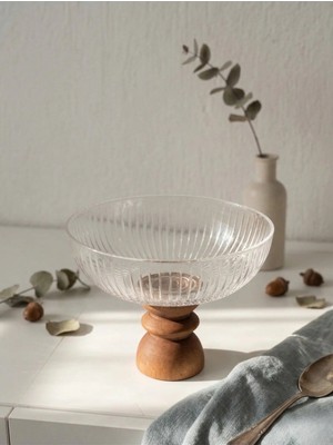 Faralya Home Ahşap Chintika Model Ayaklı Cam Tatlı, Salata ve Sunum Kasesi 21 cm