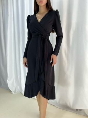 Kendim Fashion Krep Kumaş Midi Boy Kuşaklı Uzunkol Elbise 113 cm