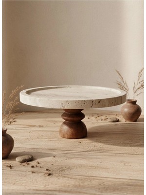Faralya Home Doğal Traverten Mermer 25X2 cm Chintika Ahşap Ayaklı Sunumluk Kek Standı Sunum Tabağı