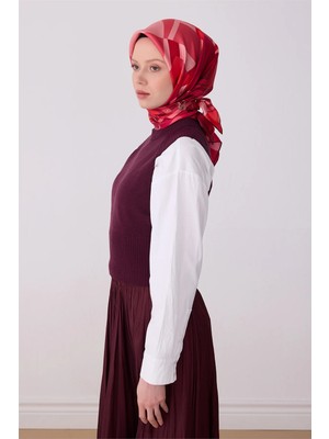 Belli Kırmızı Obje Desen %100 Twill Ipek Eşarp 4300-04