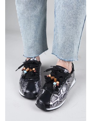 Birikon Zımeja Yılan Desenli Sneakers Siyah