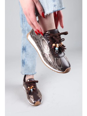 Birikon Zımeja Yılan Desenli Sneakers Kahverengi