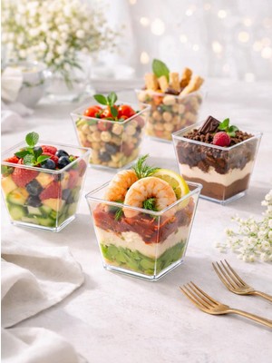 Parti Adresi Mika Plastik Mini Kare Sunum Kasesi Şeffaf Kap 200 ml 25'li