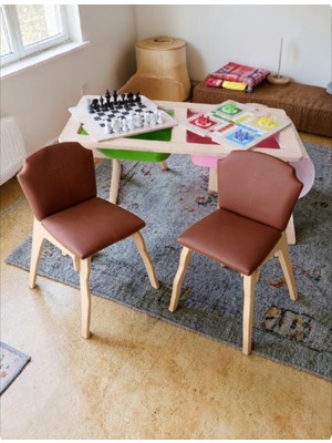 Satranç ve Ludo Yüzeyli Katlanır Deri Döşemeli Çift Sandalyeli Çocuk Aktivite Masa Takımı