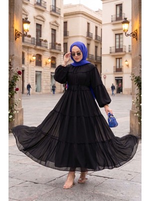 EFL Büzgü Detaylı Kat Kat Elbise Siyah