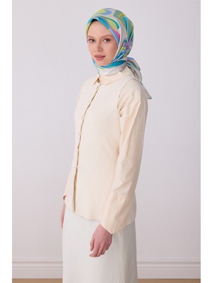 Belli Gri Çok Renkli Soyut Desen %100 Twill Ipek Eşarp 4318-01