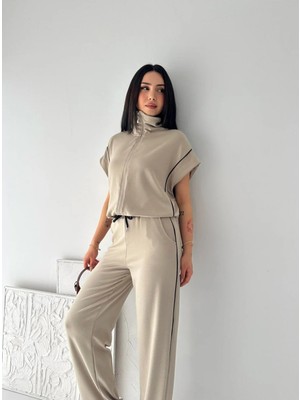Win Moda Kadın Modal Kumaş Biyeli Fermuarlı Yelek Takım Bol Paça Modern Ikili Takım Günlük Şık Rahat Kombin