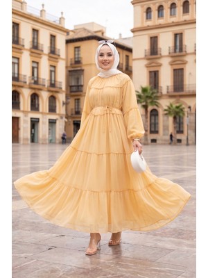 EFL Büzgü Detaylı Kat Kat Elbise Sarı