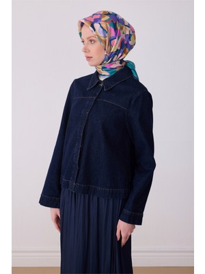 Belli Lacivert Çok Renkli Çiçek Desen %100 Twill Ipek Eşarp 4312-36