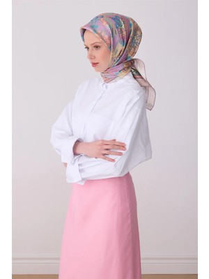 Belli Pembe Çok Renkli Etnik Desen %100 Twill Ipek Eşarp 4304-80