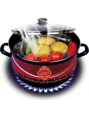 Faralya Home Nostalji Emaye Cam Kapaklı Közmatik Kapaklı Sebze, Kestane ve Patates Közleme Tenceresi (28 Cm)