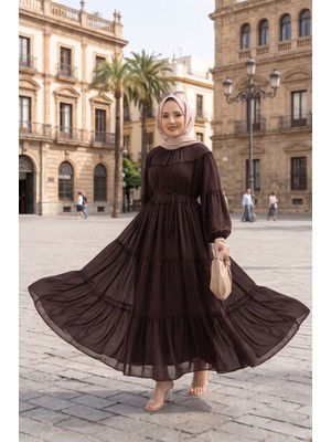 EFL Büzgü Detaylı Kat Kat Elbise Kahve