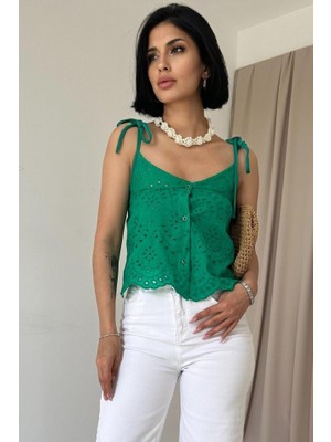 Kendim Fashion Yeşil Bağcıklı Brode Bluz